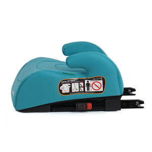 Teal booster seat with side headrests, front label panel, and black ISOFIX base
