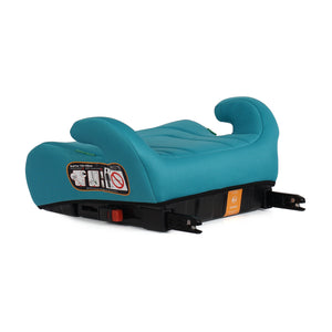 Teal booster seat with recline-style headrests and black ISOFIX connectors on base