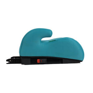Teal booster seat side profile with black ISOFIX base and orange release indicator