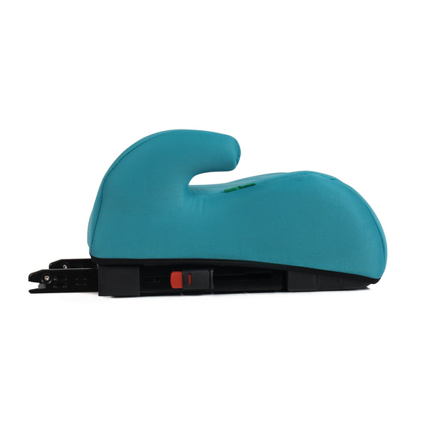 Teal booster seat side profile with black ISOFIX base and orange release indicator