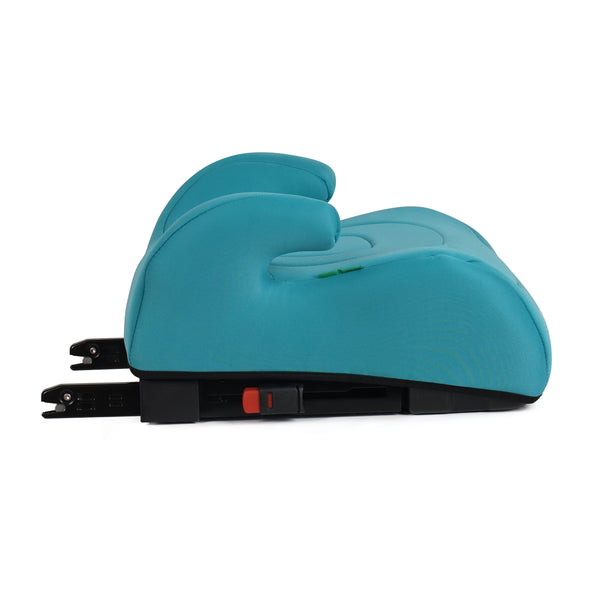 Teal booster seat viewed from side with black ISOFIX base and release latch