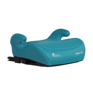 Teal child car booster seat with curved head support and black ISOFIX base