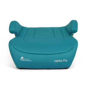 Teal booster seat with head support and rounded backrest, front logo and UpGo Fix