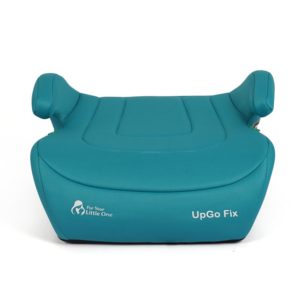 Teal booster seat with head support and rounded backrest, front logo and UpGo Fix
