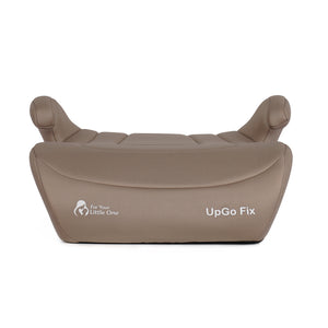 Latte beige booster seat back view with two headrests and UpGo Fix branding.