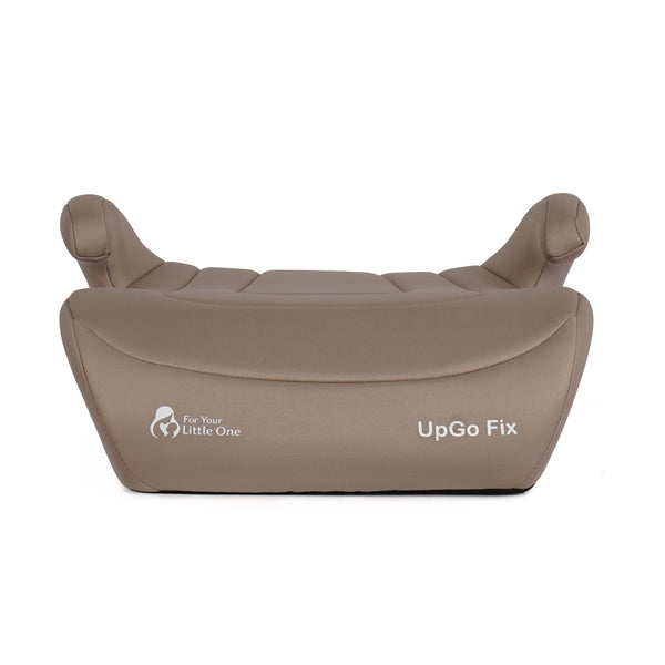 Latte beige booster seat back view with two headrests and UpGo Fix branding.