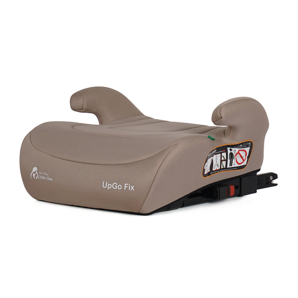 Latte beige booster seat with instruction label and UpGo Fix logo on side.