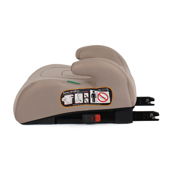 Latte beige booster seat with orange instruction label and ISOFIX mounting base.