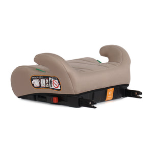 Latte beige booster seat showing safety instruction panel and UpGo Fix base.