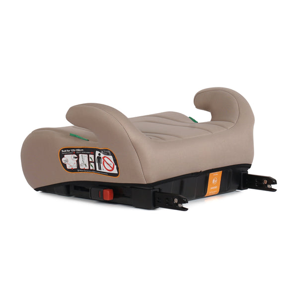 Latte beige booster seat showing safety instruction panel and UpGo Fix base.