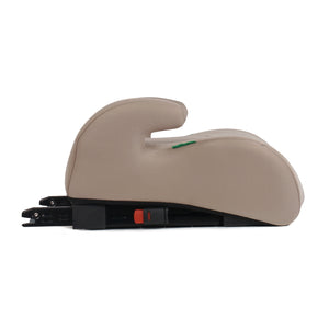 Latte beige booster seat with headrests, ISOFIX base, UpGo Fix branding.