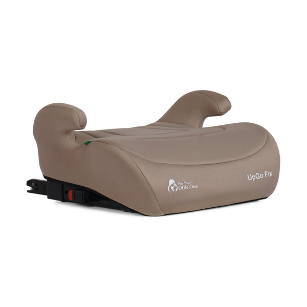 Latte beige child booster seat with padded sides and UpGo Fix logo.