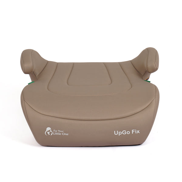 Latte beige booster seat front view with molded armrests and UpGo Fix marking.