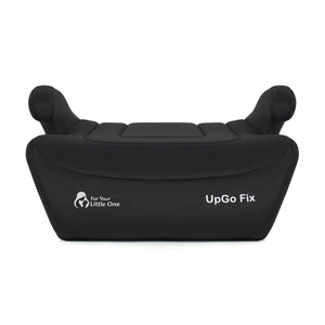 Dark fabric belted booster seat with padded headrests and UpGo Fix branding