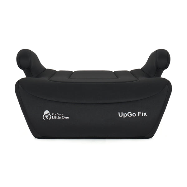 Dark fabric belted booster seat with padded headrests and UpGo Fix branding