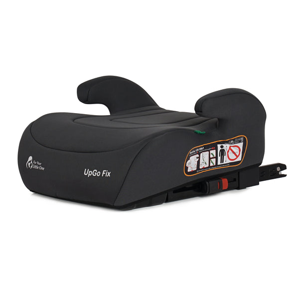 Dark booster seat with UpGo Fix marking and orange safety label on side
