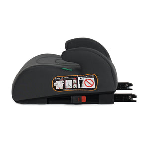Dark booster seat with orange safety instruction label and adjustable headrest