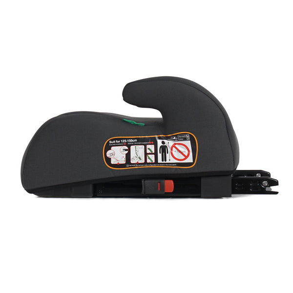 Dark booster seat side view with orange instruction label and mounting hardware