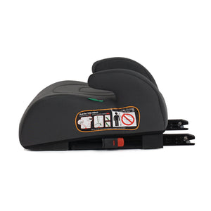 Dark booster seat showing orange instruction label and red release indicator
