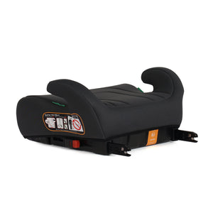 Dark booster seat with side wings, orange instruction label on side panel