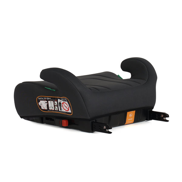 Dark booster seat with side wings, orange instruction label on side panel