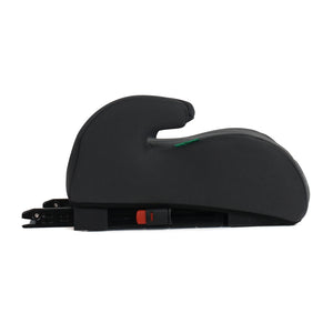 Dark booster seat with tall headrest and compact base, side profile