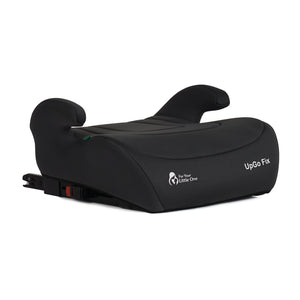 Dark booster seat with headrest and side wings, UpGo Fix text on armrest
