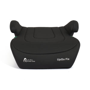 Dark fabric belted booster seat front with UpGo Fix branding and armrests