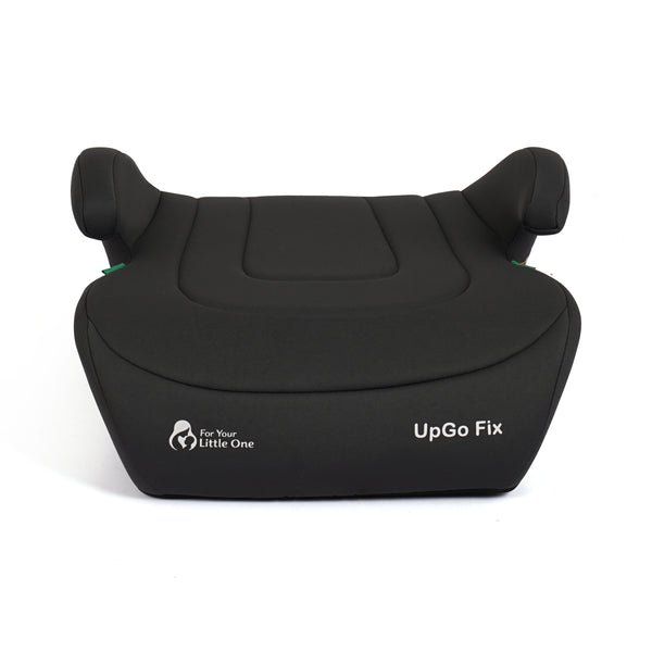 Dark fabric belted booster seat front with UpGo Fix branding and armrests