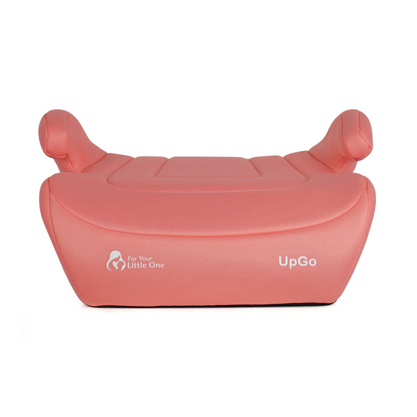 Blush rose belted booster seat with side headrests and UpGo branding on the front