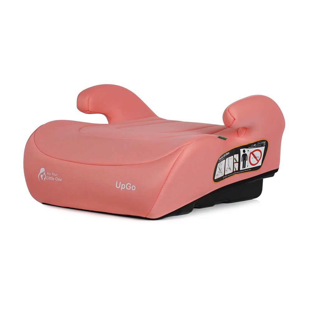 Blush rose booster seat with headrests and safety instruction label on the side