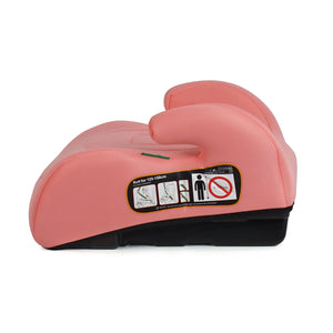 Blush rose booster seat showing side safety instruction label and adjustable harness area