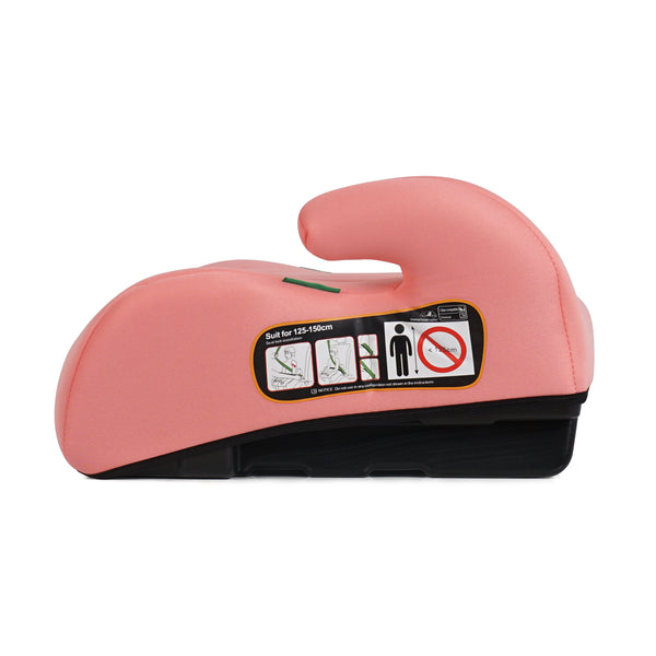 Blush rose booster seat with side label and raised headrest for comfort