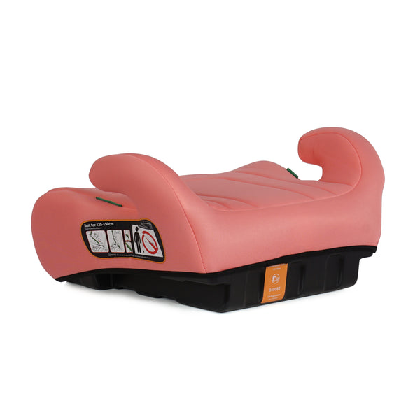 Blush rose belted booster seat with side instruction label and black base supports