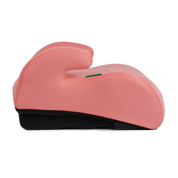 Blush rose booster seat profile view with black base and curved side headrests