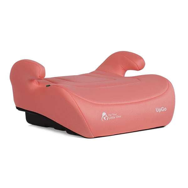 Blush rose booster seat from side angle with UpGo logo and padded armrests