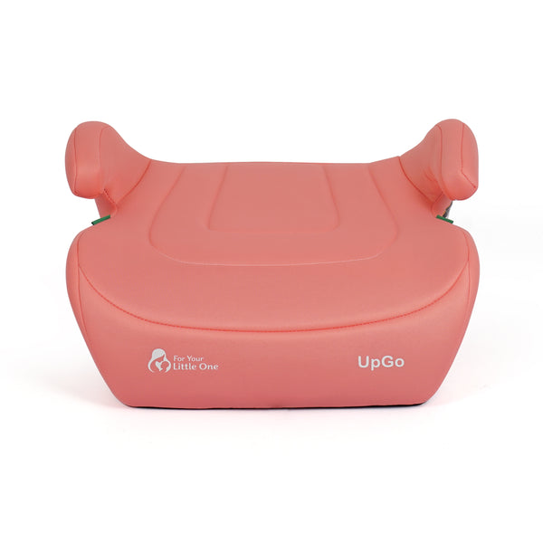 Blush rose booster seat front view with two side headrests and UpGo logo