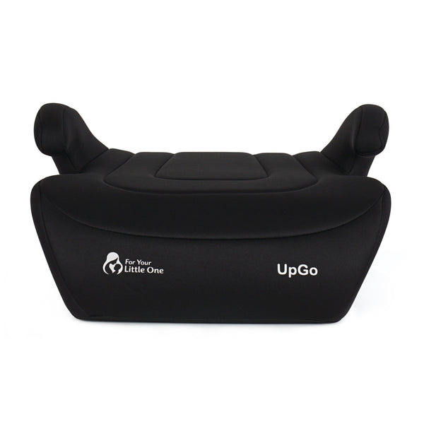 Black belted booster seat with headrests and padded armrests
