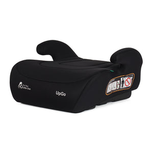 Black UpGo booster seat with side instruction label panel