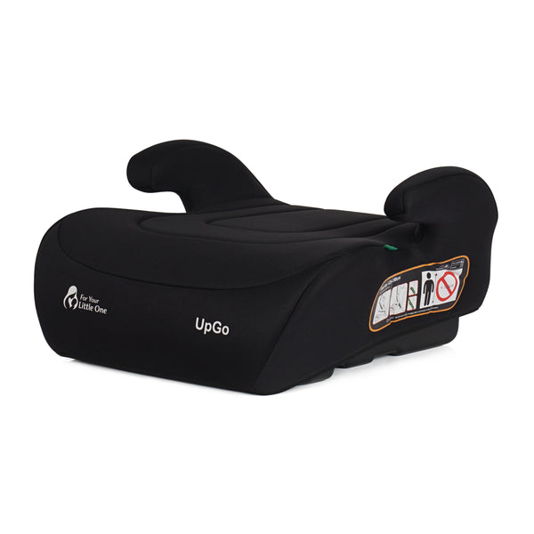 Black UpGo booster seat with side instruction label panel