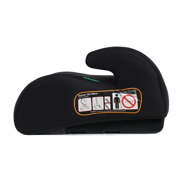 Black UpGo booster seat side view with safety instruction label