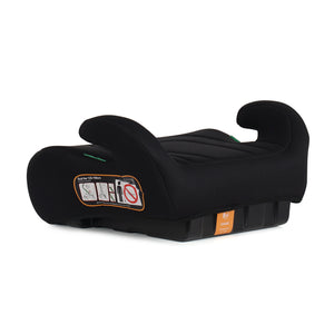 Black UpGo booster seat showing side safety instruction label and green indicator