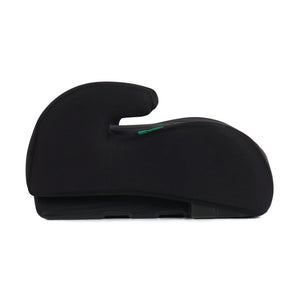 Black booster seat side view with contoured headrest and arm support