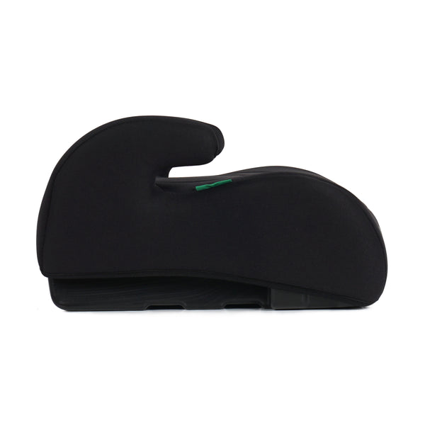Black booster seat side view with contoured headrest and arm support