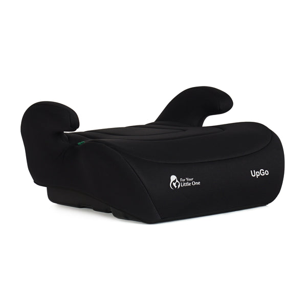 Black booster seat with contoured headrests and side padding