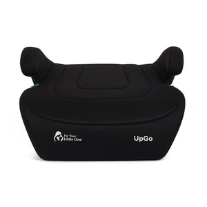 Black belted booster seat front view with headrests and UpGo logo