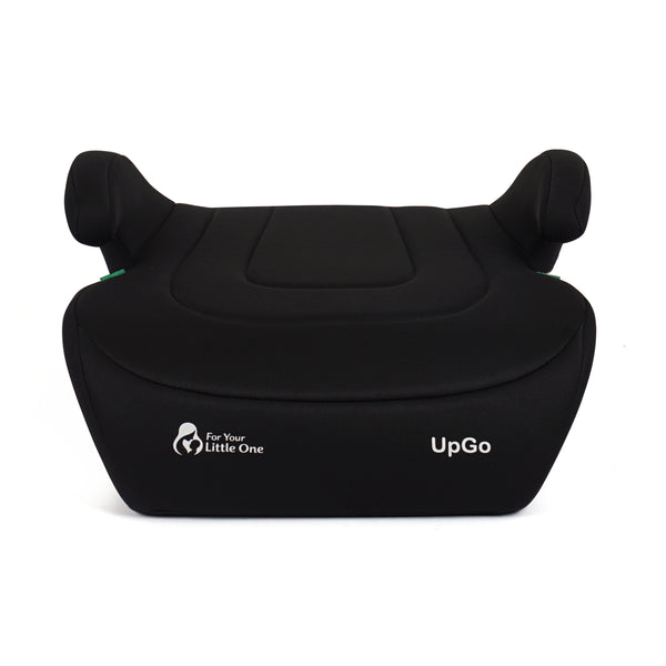 Black belted booster seat front view with headrests and UpGo logo
