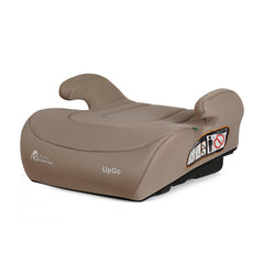 Latte beige booster seat with side arm rests, contoured cushion, and label