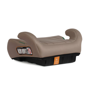 Latte beige belted booster seat with armrests and contoured head support