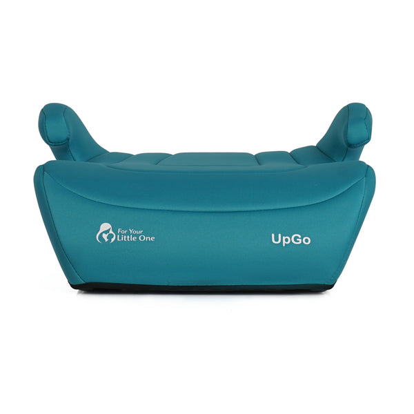 Teal UpGo belted booster seat front view with contoured head and sides